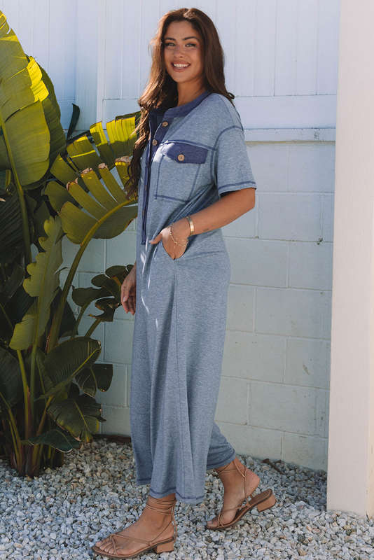 Beau Blue Half Placket Chest Pockets Short Sleeve Wide Leg Jumpsuit