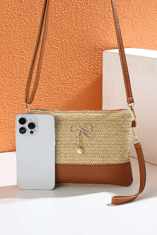 Beige Bow Pearl Decor Straw PU Leather Patched Crossbody Bag