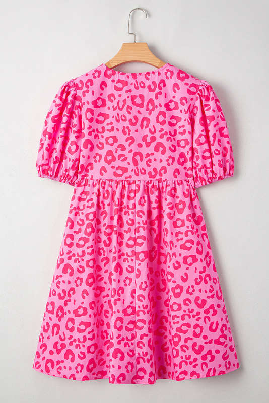 Rose Leopard Puff Sleeve Tie Front High Waist Mini Dress