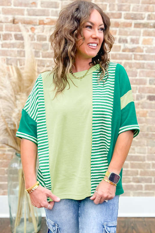 Green Stripe Patchwork Colorblock Plus Size T Shirt