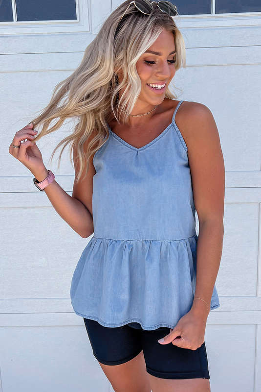 Sky Blue Casual Ruffled Spaghetti Straps Denim Tank Top