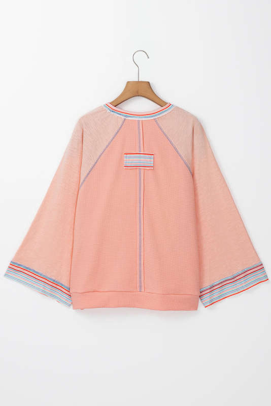Grapefruit Orange Waffle Knit Wide Bracelet Sleeve Patchwork Raglan Top