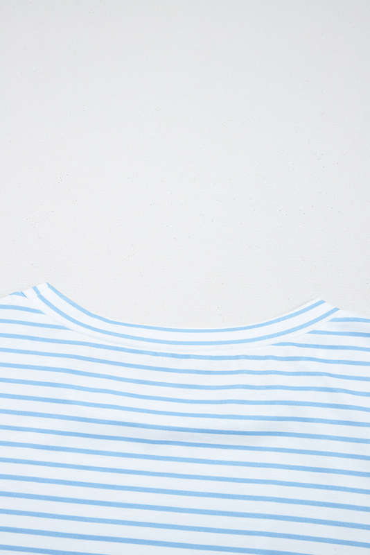 Sky Blue Stripe Floral Three Quarter Sleeves Patchwork Drop Shoulder Top