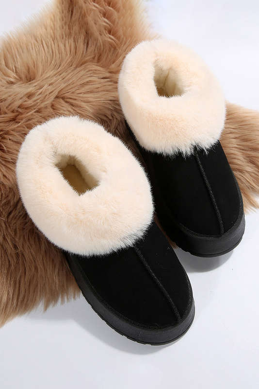 Black Plush Suede Trim Thick Sole Flat Snow Boots