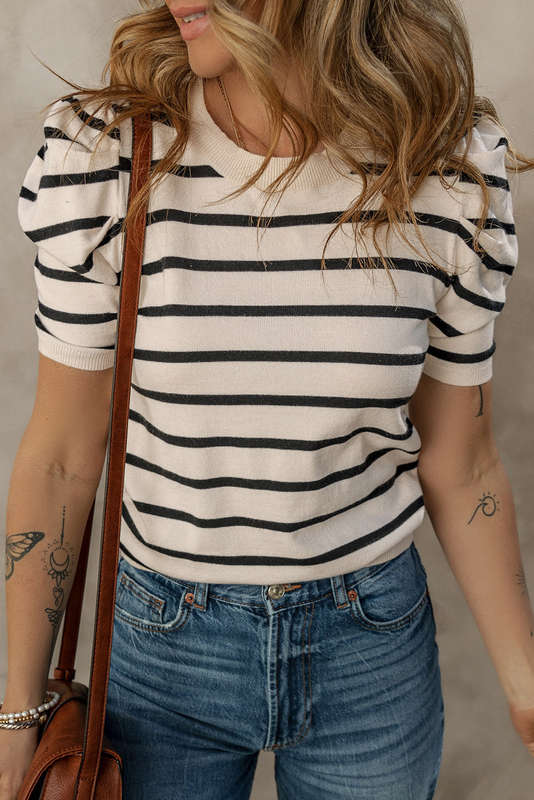 Black Stripe Ribbed Trim Round Neck Bubble Sleeve Knitted Top