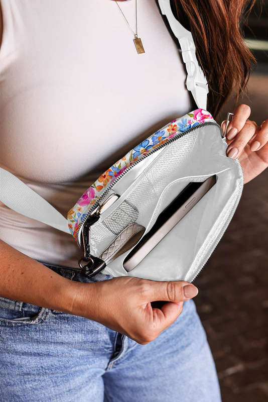 White Flower Print Buckle Wide Strap Crossbody Bag