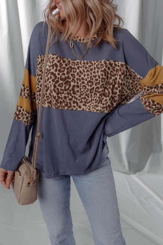 Dark Blue Leopard Colorblock Patchwork Long Sleeve Drop Shoulder Top
