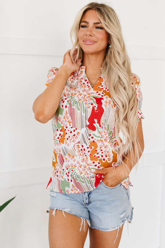 Pink Floral Print Button Frilled Short Sleeve Blouse