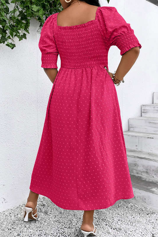Sachet Pink Swiss Dot Smocked Frilled Neckline Short Sleeve Plus Size Dress