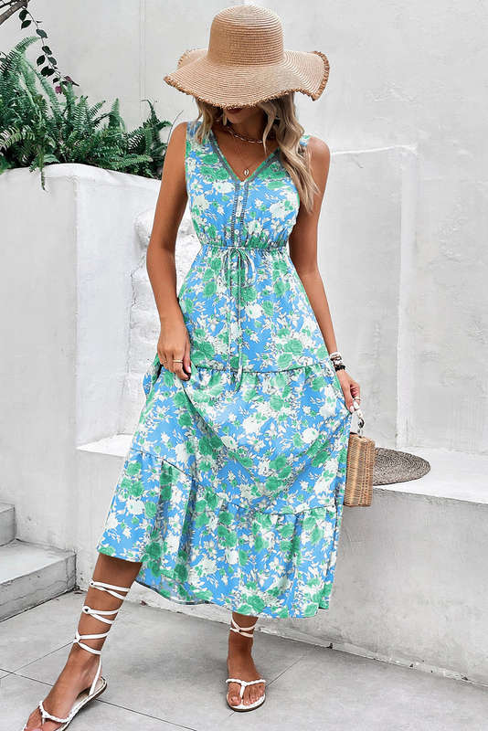 Sky Blue Floral Print Trimmed V Neck Tie Waist Sleeveless Holiday Long Dress