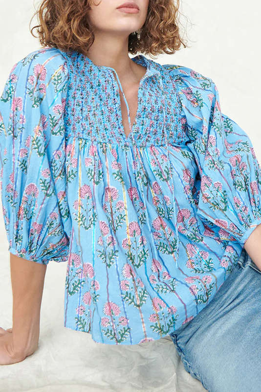Blue V-Neck Knitted Summer Top with Exposed Seams