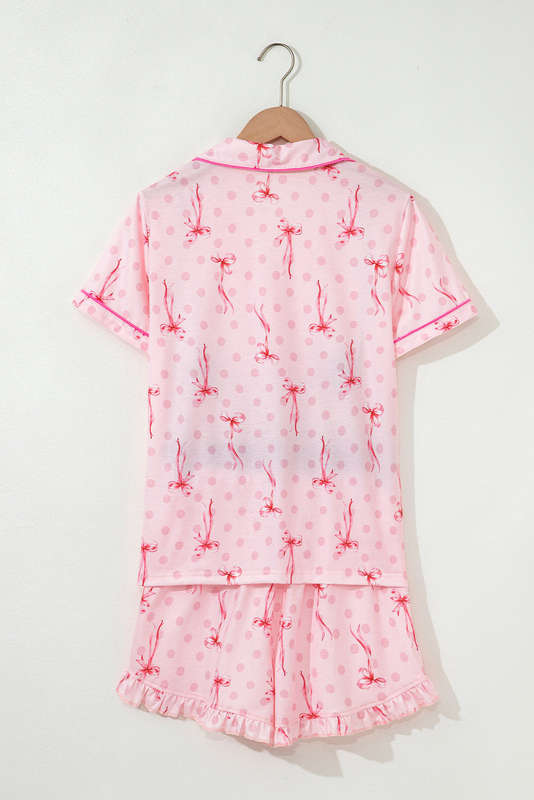 Pink Bow Print Contrast Pipping Short Pajamas Set