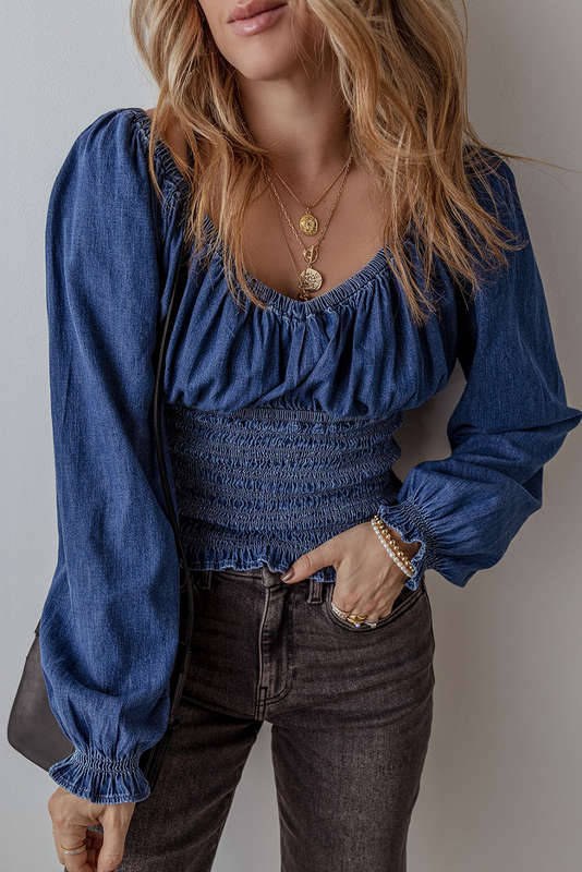 Blue V-Neck Knitted Summer Top with Exposed Seams