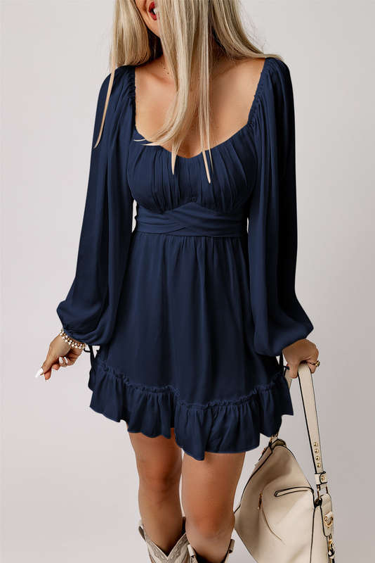 Blue White Plain Ruffled High Waist Square Neck Mini Dress