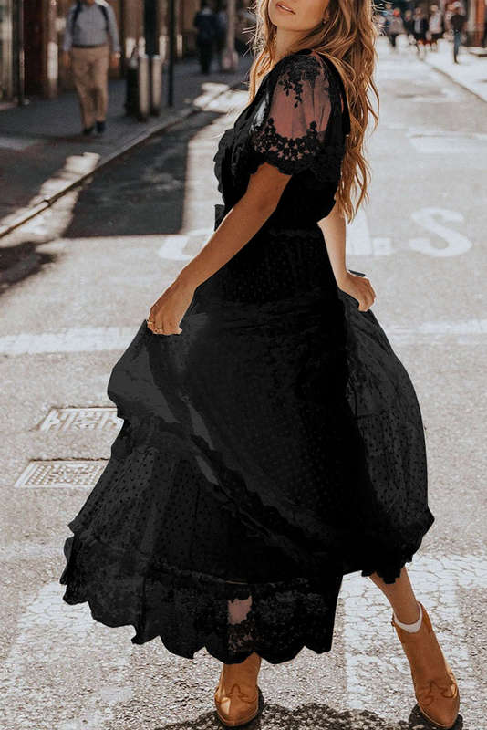 Black Dotty Lace Mesh Flowy Maxi Dress