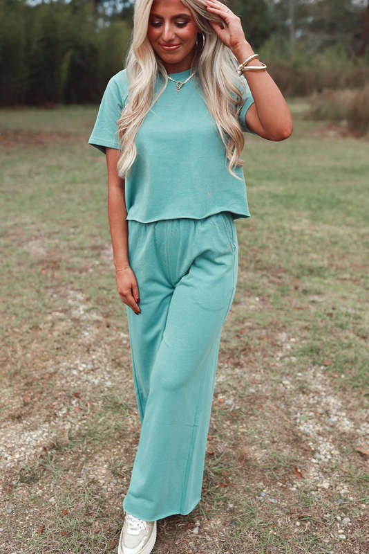 Mint Green Raglan Short Sleeve Tee and Wide Leg Pants Set