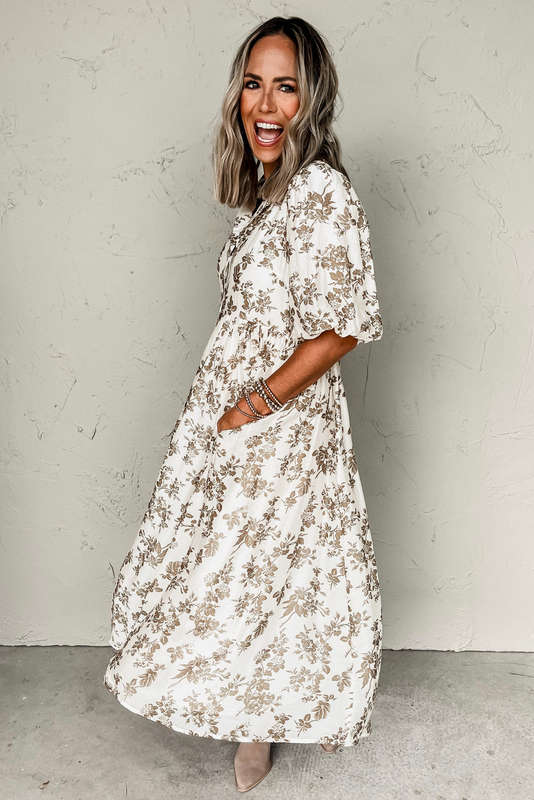 Khaki Floral Puff Sleeve V Neck Buttoned Front Maxi Dress