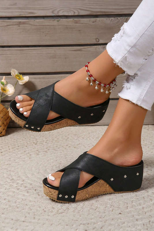 Black Criss Cross Cut Out PU Leather Wedge Slippers