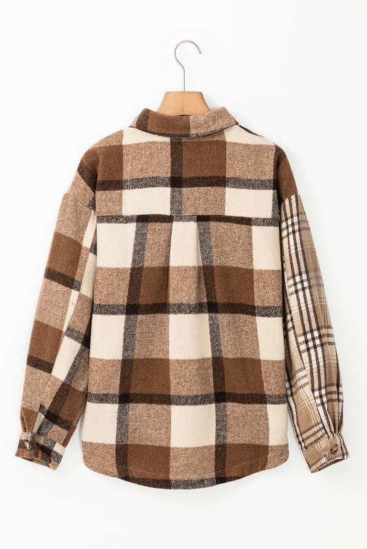 Light French Beige Flannel Plaid Double Flap Pocket Shacket