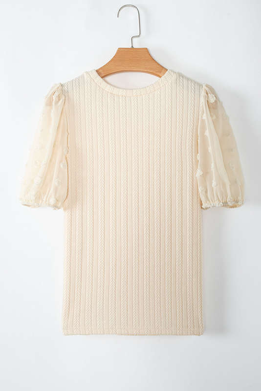 Apricot Polka Dot Mesh Puff Sleeve Textured Blouse