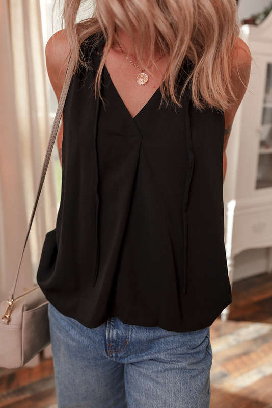 Black Pinched V Neck Tie Loose Tank Top