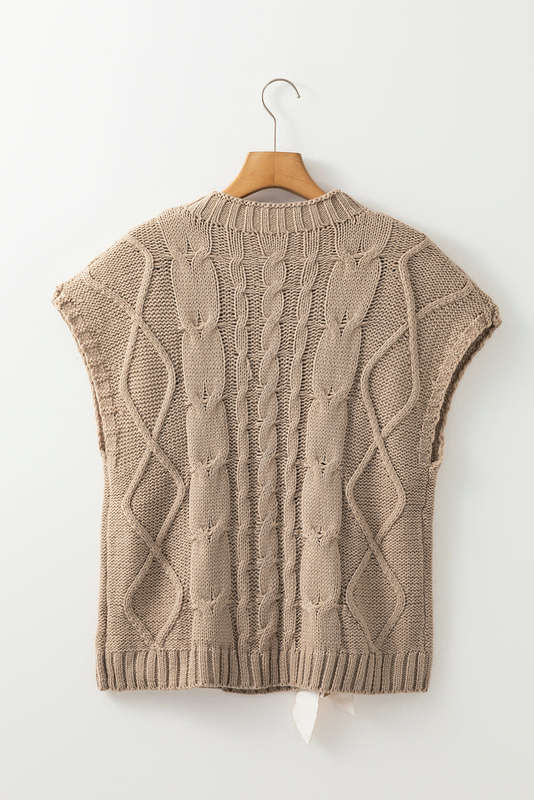 Simply Taupe Cable Knit Colorblock Satin Bowknot Short Sleeve Sweater