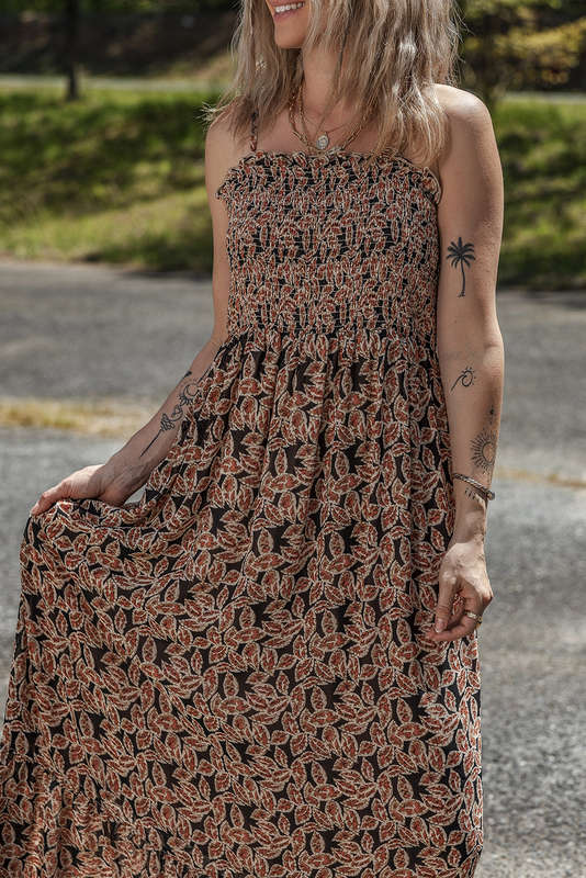 Brown Floral Smocked Bodice High Waist Flowy Sun Dress