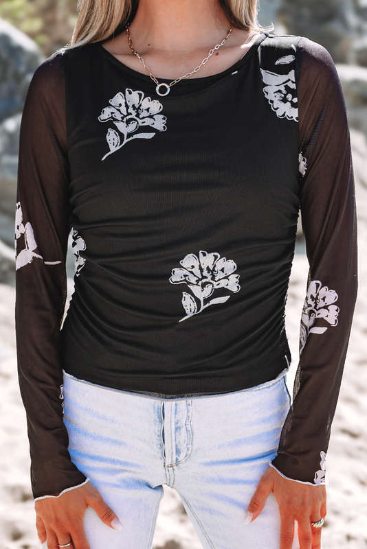 Black Floral Print Sleek Bodice Mesh Long Sleeve Top
