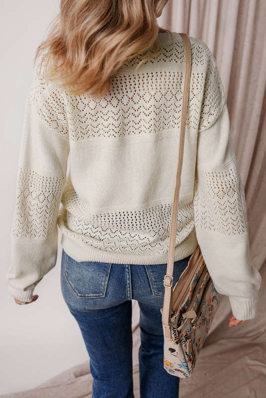 White Eyelet Pattern Detail V Neck Drop Shoulder Sweater