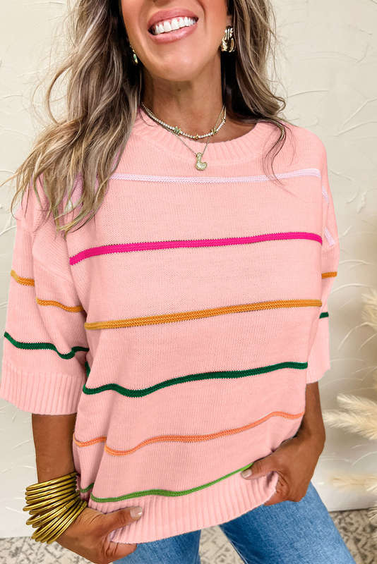 Pink Colorblock Striped Half Sleeve Drop Shoulder Sweater