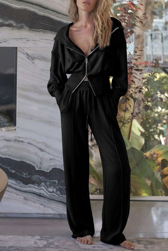 Black Double Zipper Hooded Jacket and Sweatpants Active Set