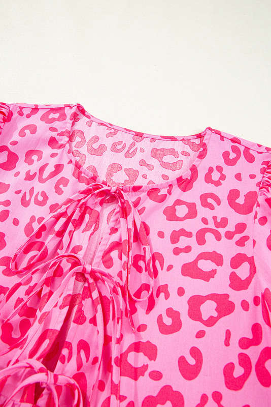 Rose Leopard Puff Sleeve Tie Front High Waist Mini Dress