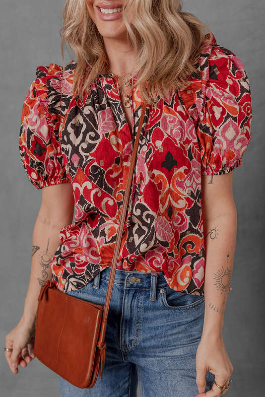 Red Ethnic Print Split Neck Short Puff Sleeve Blouse