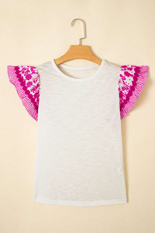 Rose Ricrac Trim Printed Flutter Sleeve Contrast Patchwork Blouse