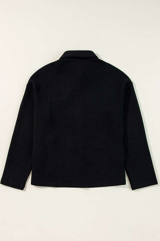 Black Solid Color Corduroy Buttoned Long Sleeve Shacket