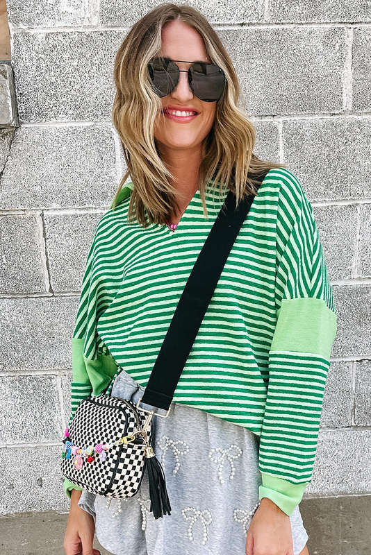 Green Stripe Turn-Down V Neck Patchwork Loose Top