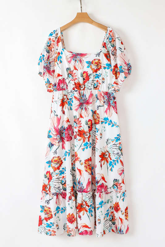 White Floral Square Neck Puff Sleeve Flowy Plus Size Midi Dress