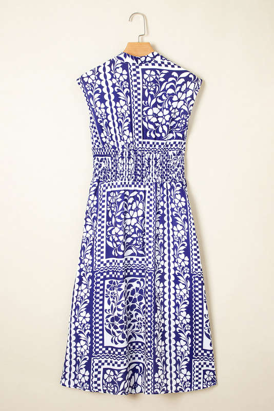 Dirty blue Shirred Waist V Neck Sleeveless Floral Print Midi Dress