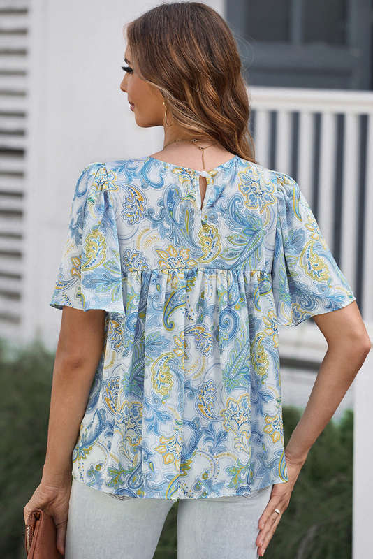 Blue V-Neck Knitted Summer Top with Exposed Seams