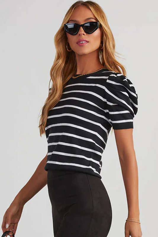 White Stripe Ribbed Trim Round Neck Bubble Sleeve Knitted Top
