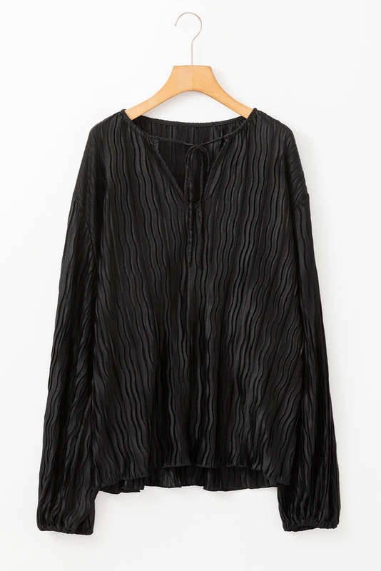 Black Textured Bubble Sleeve V Neck Loose Blouse