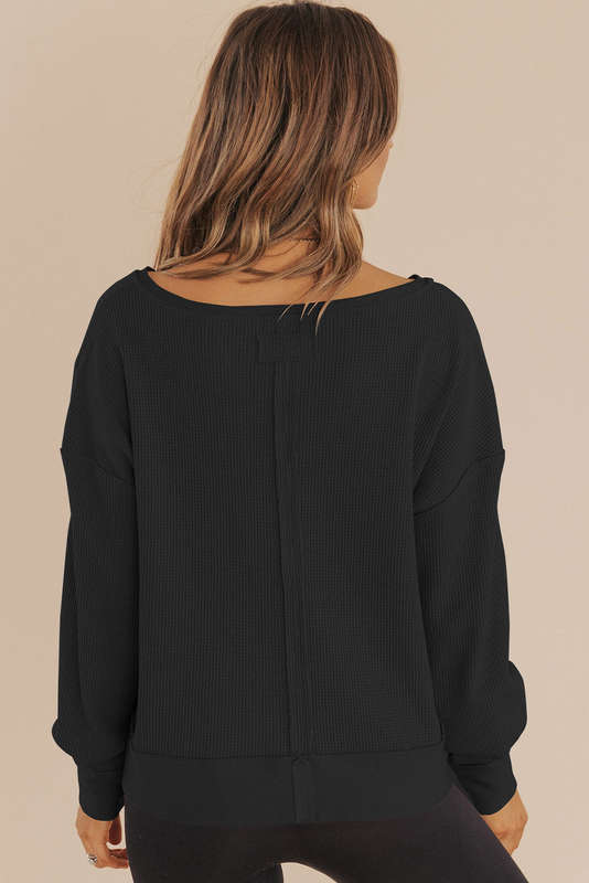 Black Waffle Knit Notched V Neck Drop Shoulder Solid Sweatshirt