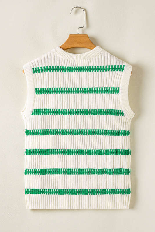 Green Knitted V-Neck Casual Top with Raw Seam Detail