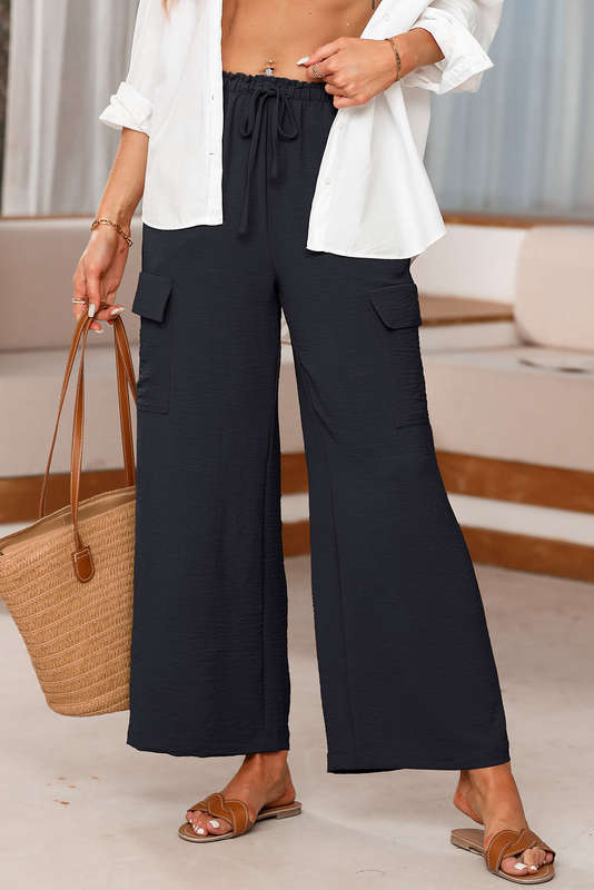 Black Drawstring Frilled Elastic Waistband Wide Leg Utility Trousers