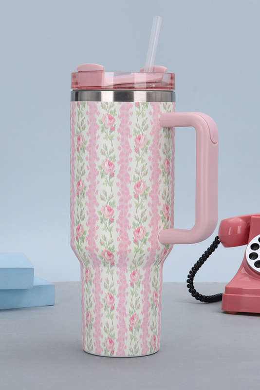 Pink Flower Print Large Insulated Tumbler with Handle 40oz