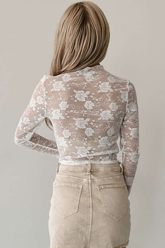 White Sheer Floral Lace Mesh Mock Neck Long Sleeve Top