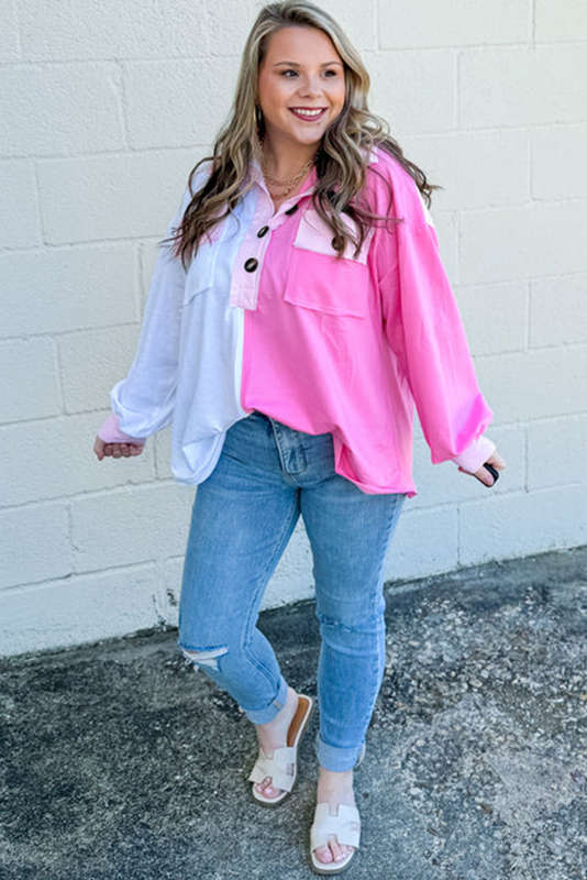 Bonbon Color Block Chest Pockets Half Button Plus Size Sweatshirt