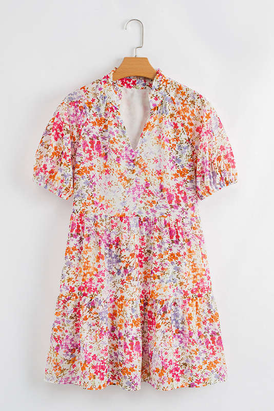 Red Floral Puff Sleeve Notched V Neck Tiered Mini Dress