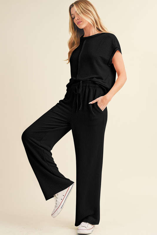 Black Solid Color Corded Short Sleeve Top and Casual Pants Set
