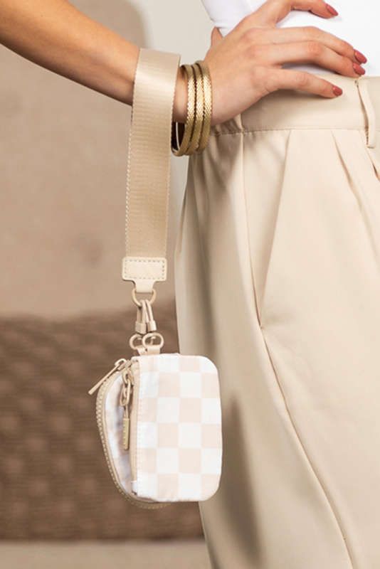 Beige Checkered Print Dual Pouch Wristlet Bag
